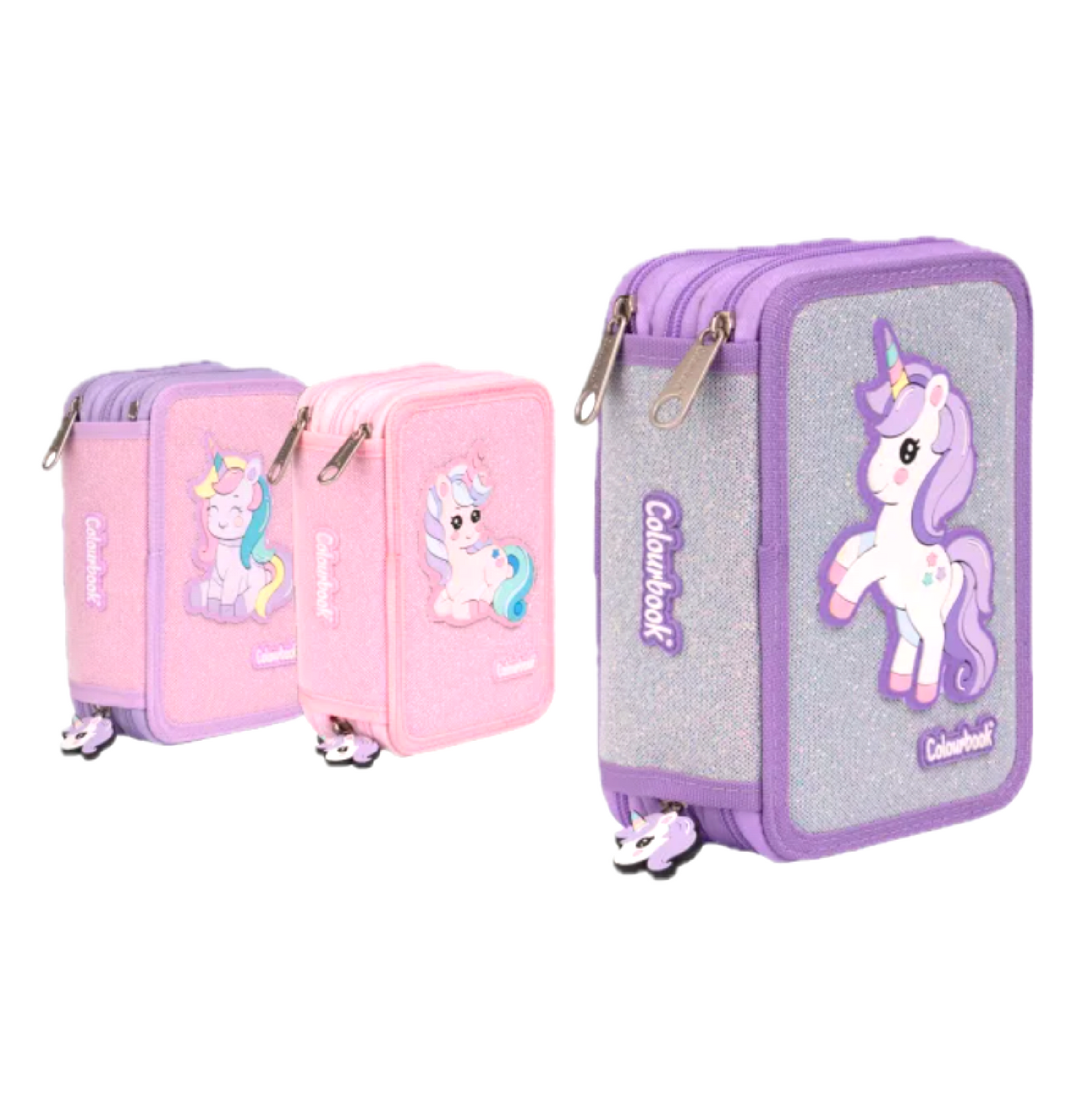 Astuccio 3 Zip Unicorno Glitter - Set Completo 30+ Pezzi