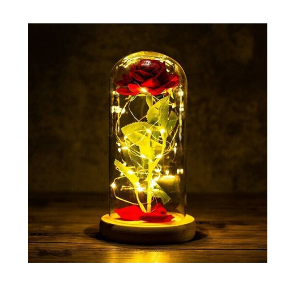 Rosa eterna in Cupola con Led candele e petali rossi