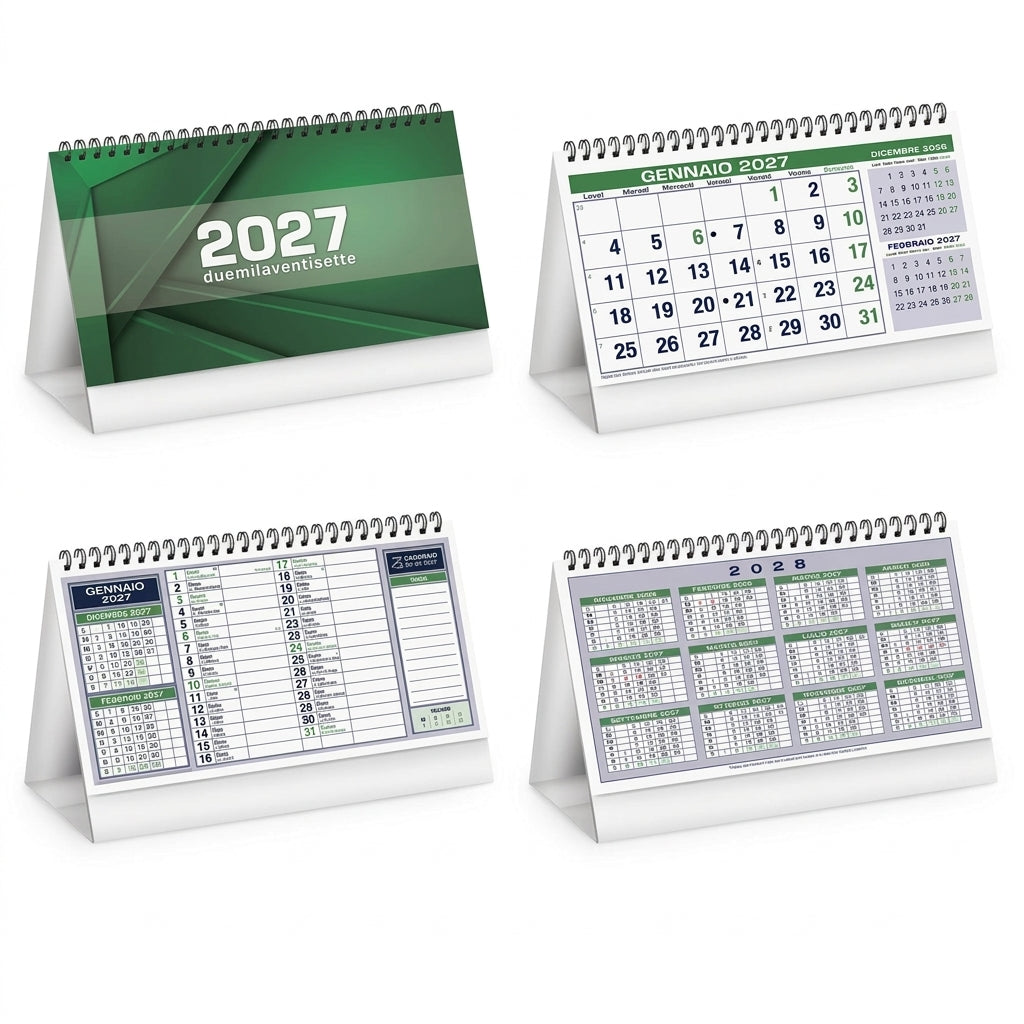 Calendario da Tavolo 2027 (19x14,5 cm) | Orizzontale Blu, Rosso o Verde + Penna Touch Omaggio
