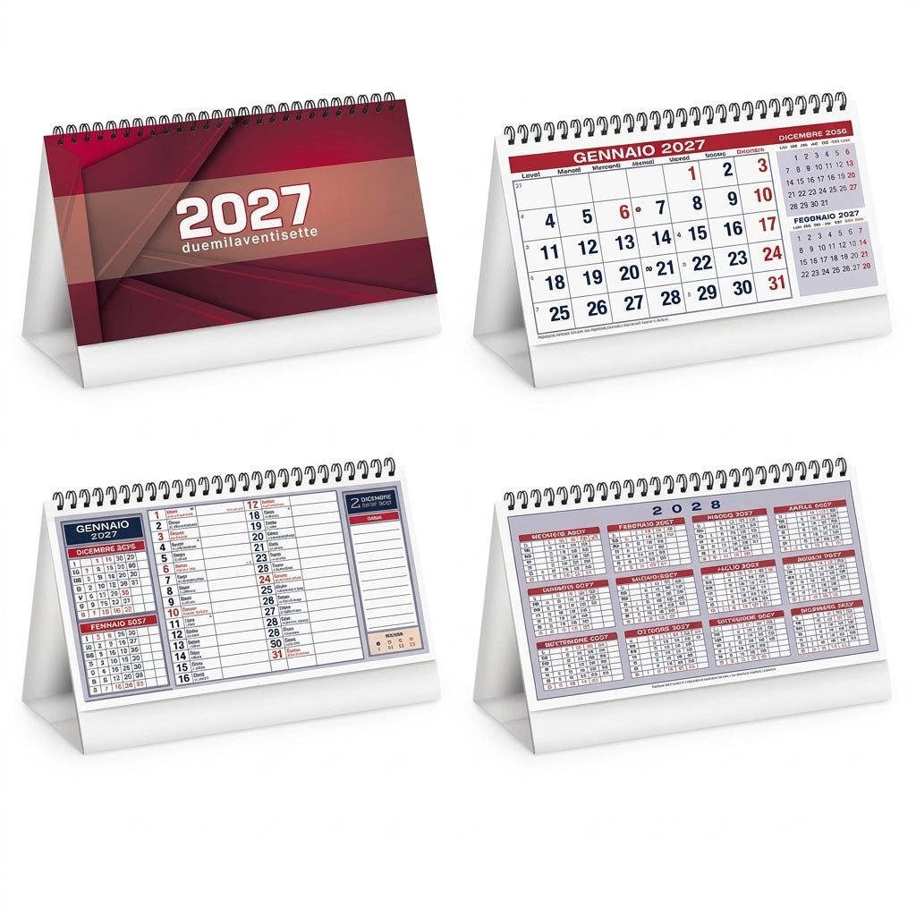 Calendario da Tavolo 2027 (19x14,5 cm) | Orizzontale Blu, Rosso o Verde + Penna Touch Omaggio
