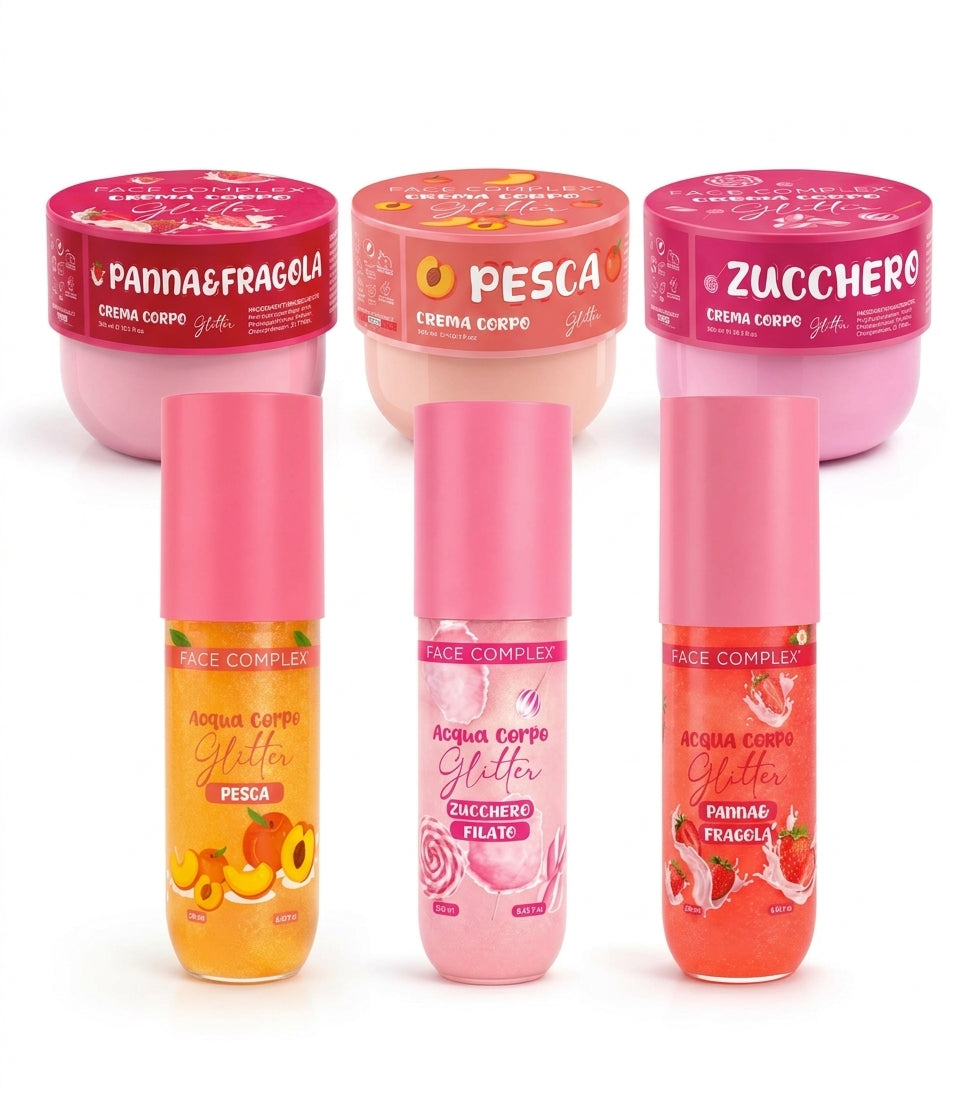 Crema e Acqua Corpo Glitter Pesca PannaeFragola Zucchero Filato - Crema 300ml e Acqua Corpo Spray 250ml