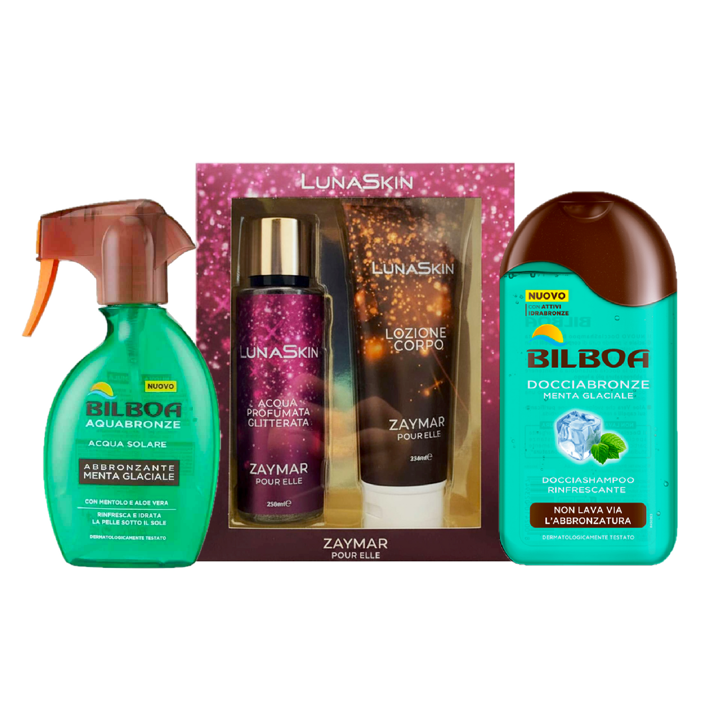Kit Abbronzatura Glow Estate – Acqua Bronze Menta Glaciale, Doccia Doposole, Acqua Profumata e Crema Glitter