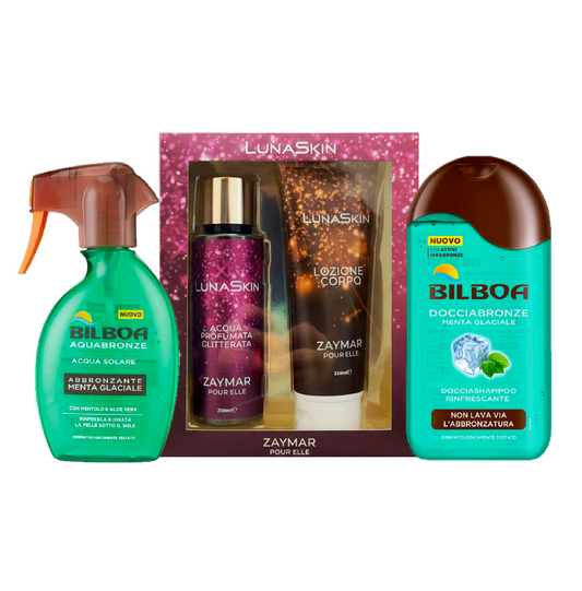 Kit Abbronzatura Glow Estate – Acqua Bronze Menta Glaciale, Doccia Doposole, Acqua Profumata e Crema Glitter