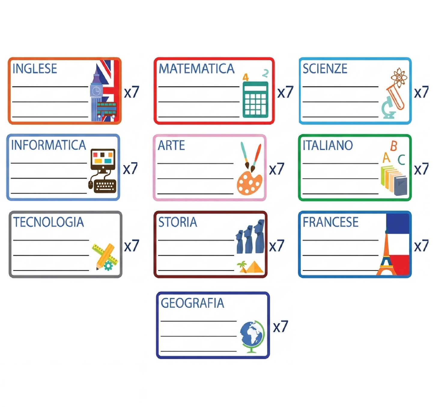 Set 70 Etichette Adesive Scolastiche per Materie (10 Materie x 7 Pezzi) - Personalizzabili per Quaderni e Libri