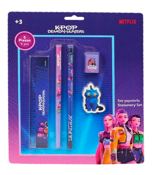 Set Stationery K-Pop Demon Hunters 5 Pezzi - Kit Scuola con Matite, Righello, Gomma e Temperino