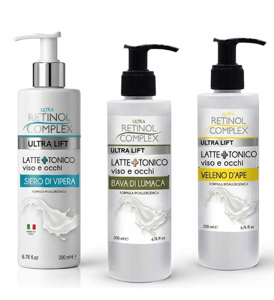 Latte e Tonico 2in1 Ultra Retinol Complex 200ml Viso e Occhi - Vipera, Bava di Lumaca, Veleno d'Ape