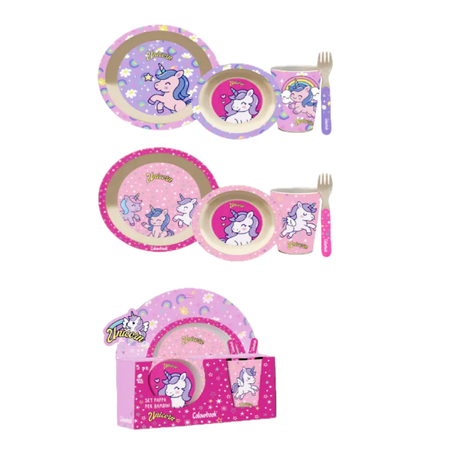 Set Pappa Unicorno 5 Pezzi con Piatti, Bicchiere e Posate