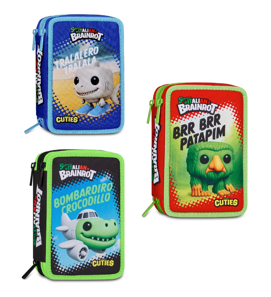 Astuccio 3 Zip Italian Brainrot Completo - Astuccio Scuola 3 Scomparti