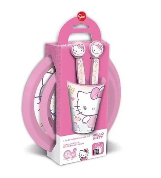 Set Pappa Hello Kitty 5 Pezzi - Piatti, Bicchiere e Posate Bimbi