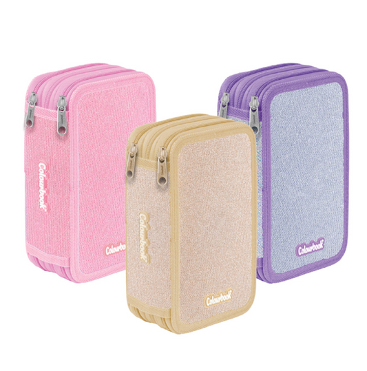 Astuccio 3 Zip Glitter Completo con 44 Accessori – Scuola e Cancelleria